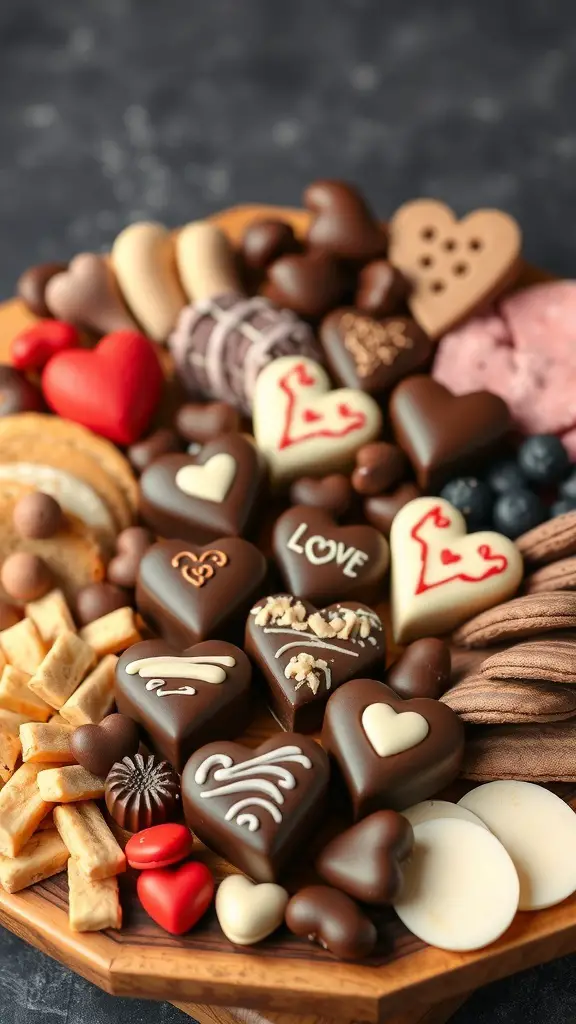 A beautifully arranged Valentine's charcuterie board filled with heart-shaped chocolates, cookies, and candies.