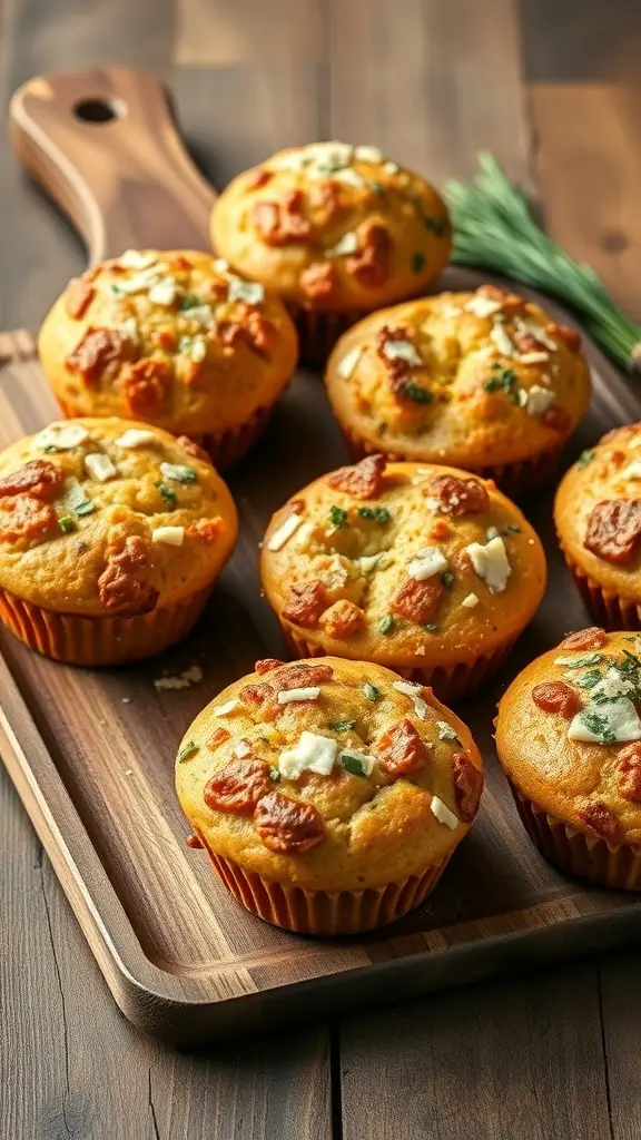 Savory herb and cheese muffins on a wooden tray.