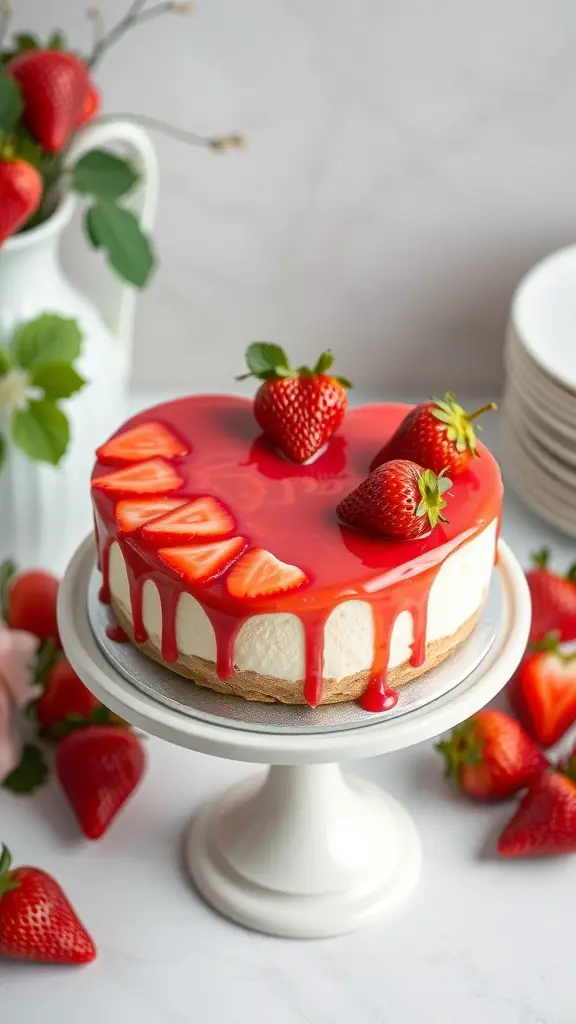 Heart-shaped cheesecake topped with strawberry glaze and fresh strawberries
