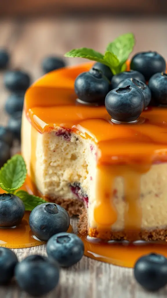 A slice of blueberry cheesecake topped with blueberries and caramel sauce.
