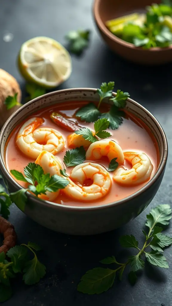 A bowl of Thai Coconut Curry Soup with shrimp and fresh herbs