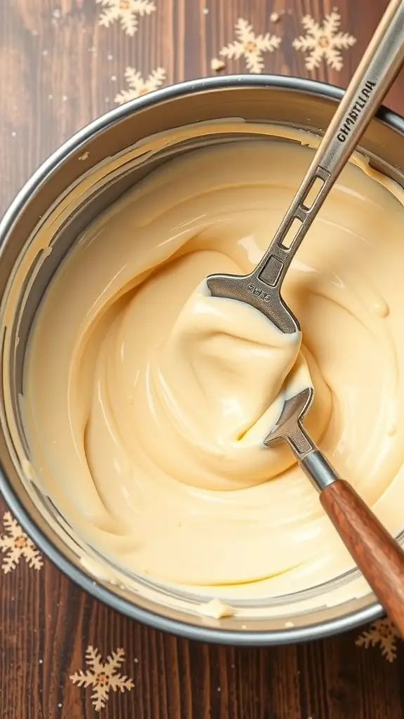 A bowl of creamy Philadelphia cheesecake filling with a spatula