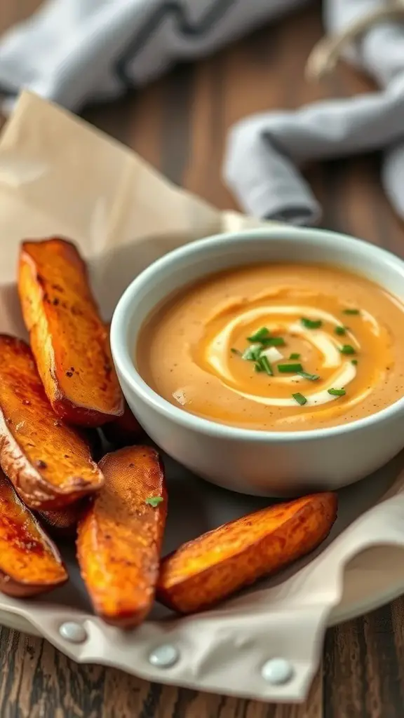 A plate of sweet potato wedges served with a bowl of creamy soup.