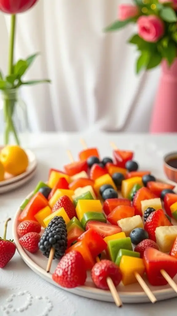 A colorful platter of rainbow fruit skewers featuring strawberries, blueberries, green grapes, pineapple, and mango.