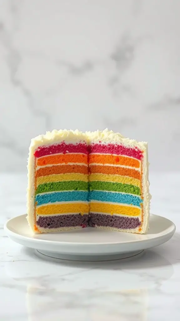 A bento cake with bright rainbow layers, showcasing vibrant colors in a neat slice.