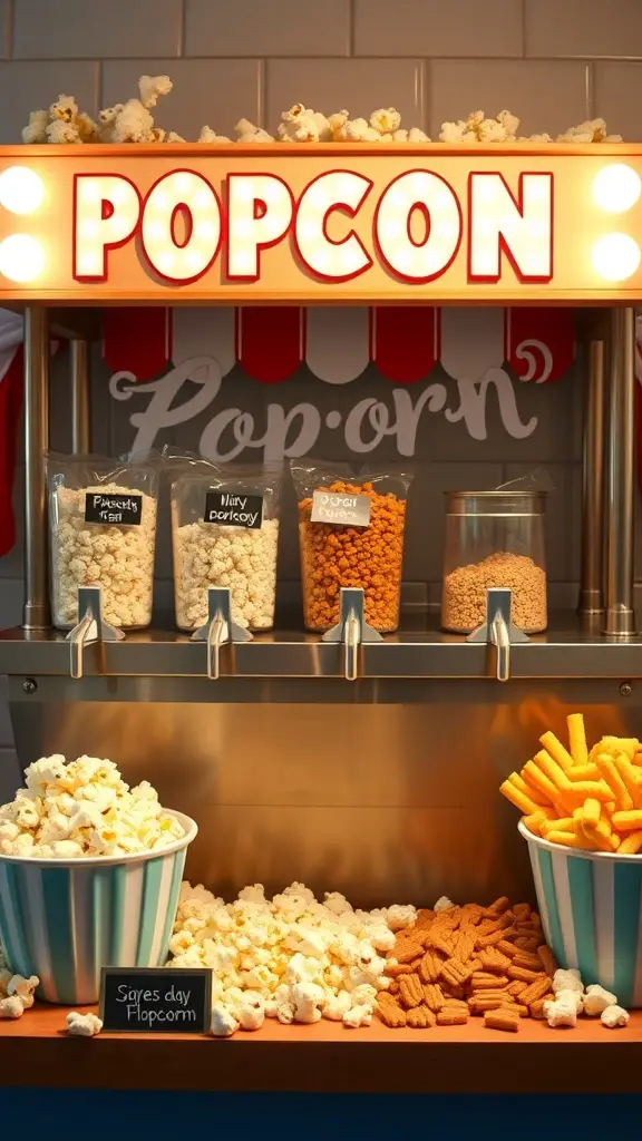 A colorful popcorn bar with various popcorn flavors and toppings