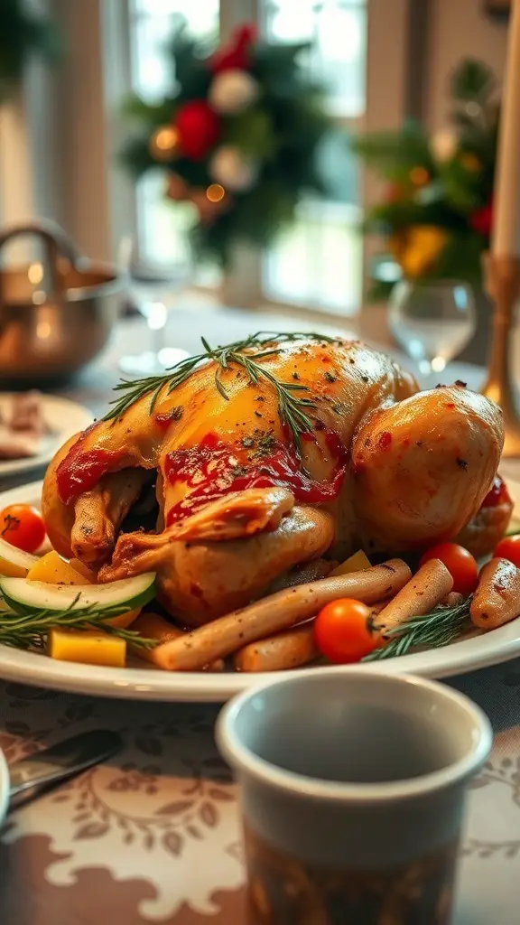 A beautifully roasted chicken with vegetables on a festive table