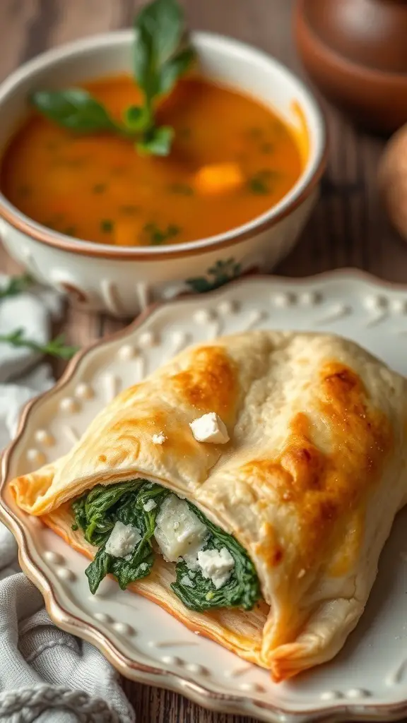 A plate of spinach and feta puff pastry next to a bowl of soup