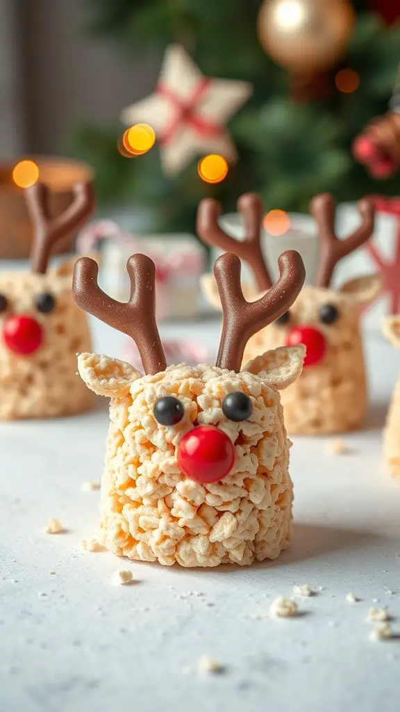 A close-up of Rudolph Rice Krispie Treats shaped like reindeer, featuring chocolate antlers and red noses.
