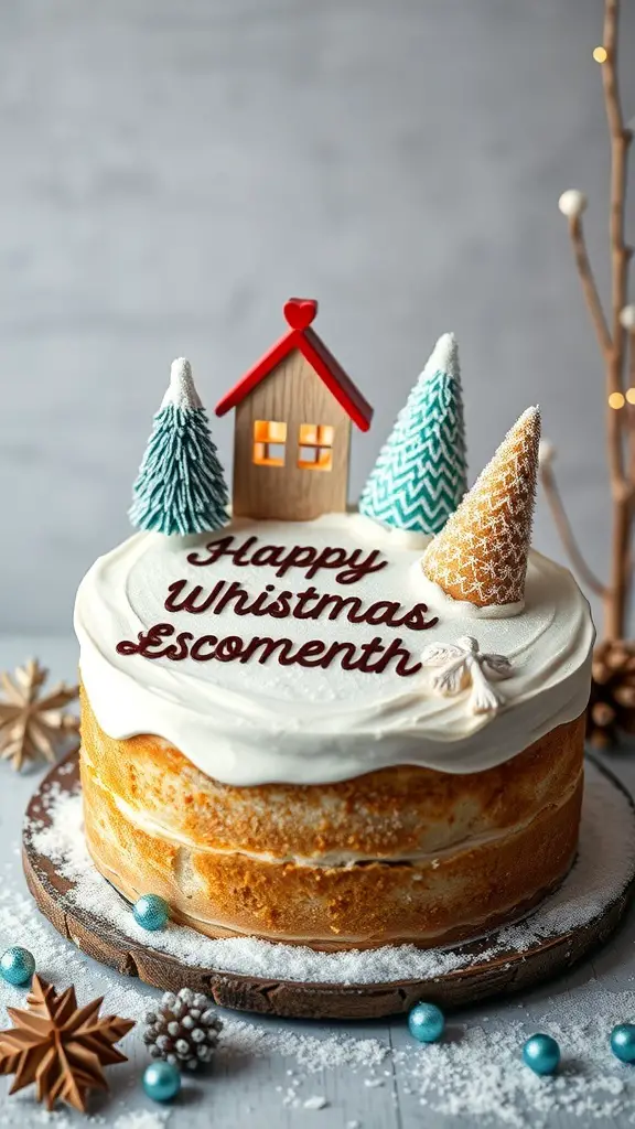 A winter wonderland cake featuring a small house and frosted trees on top, with a message written in chocolate.