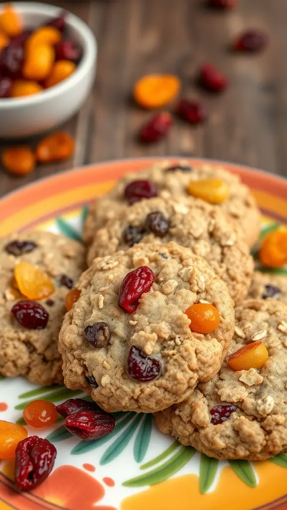 A plate of oatmeal raisin cookies with dried fruits, surrounded by colorful dried fruits.