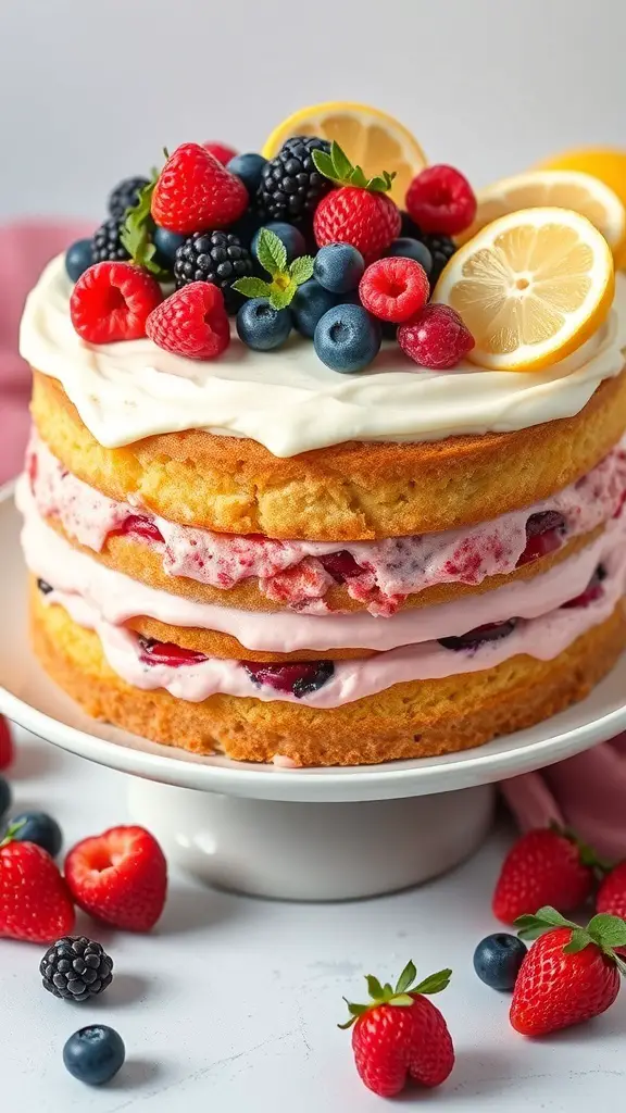 A colorful Berry Lemonade Layer Cake topped with fresh berries and lemon slices.