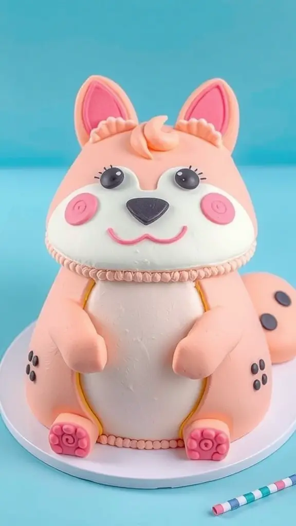 A cute pink animal-themed bento cake with big eyes and a friendly smile.