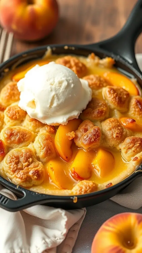A delicious peach cobbler topped with cake mix and a scoop of ice cream.