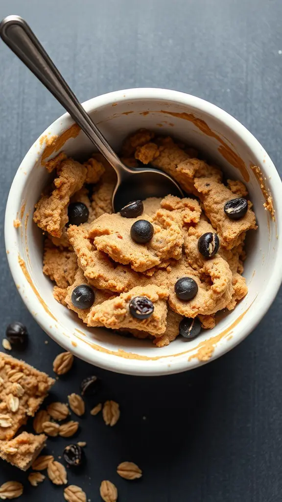 Bowl of oatmeal raisin cookie dough with dark raisins and oats