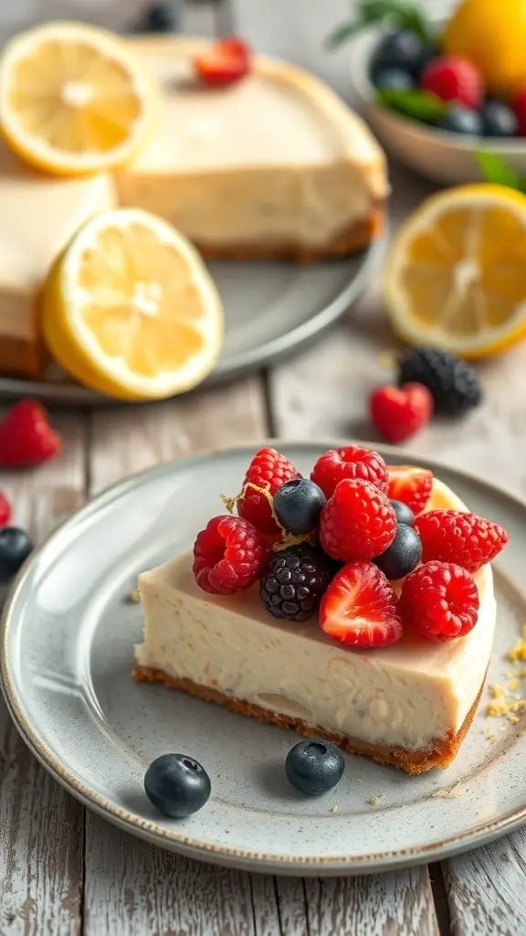 A slice of lemon ricotta cheesecake topped with fresh berries on a plate, with whole cheesecake and lemon slices in the background.