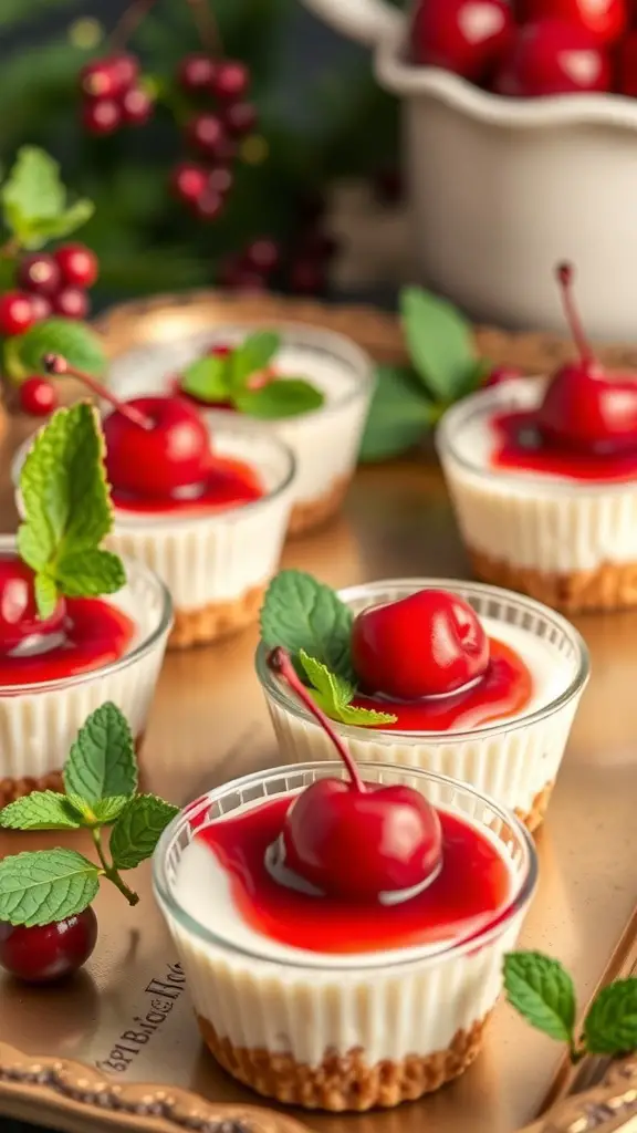 No-bake cheesecake cups topped with cherry sauce and mint leaves