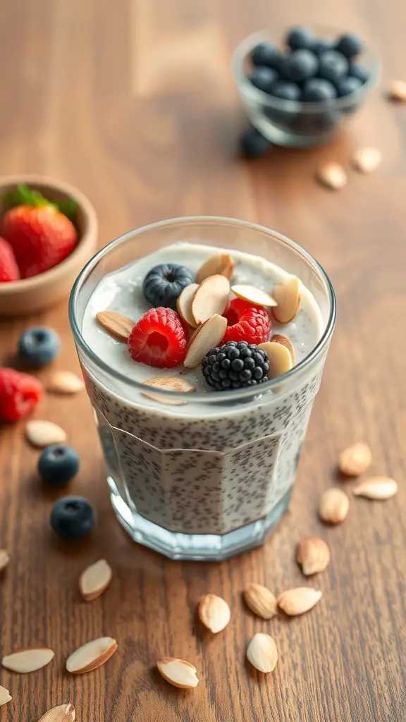 Chia seed pudding topped with berries and almonds in a glass