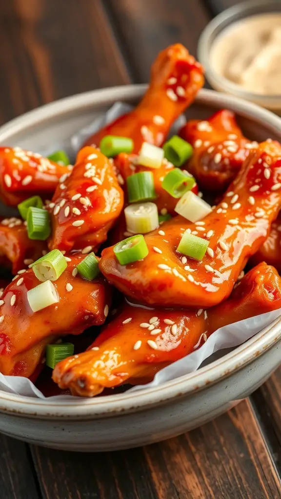 A bowl of sweet and spicy chicken wings garnished with green onions and sesame seeds.