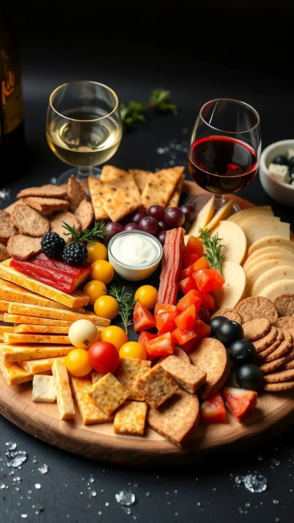 A beautifully arranged charcuterie board featuring various cheeses, meats, fruits, and dips, accompanied by glasses of wine.