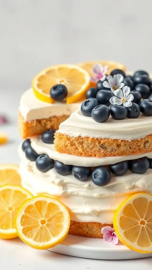 A Lemon Blueberry Sweetheart Bento Cake topped with lemon slices and blueberries.