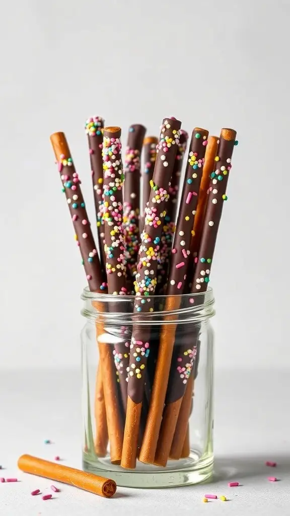 A jar filled with chocolate-dipped pretzel rods topped with colorful sprinkles.