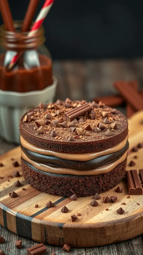 A classic chocolate bento cake with layers of chocolate filling, topped with chocolate shavings and mini chocolate chips.