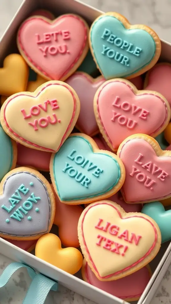 A box filled with colorful heart-shaped sugar cookies decorated with sweet messages.