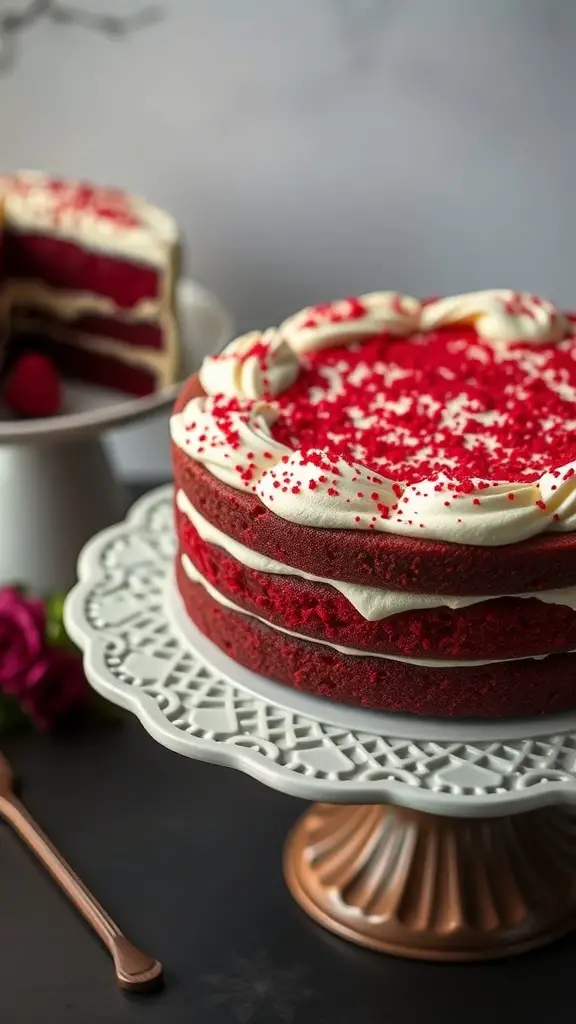 A beautiful red velvet cake with cream cheese frosting on a decorative cake stand, topped with red sprinkles.
