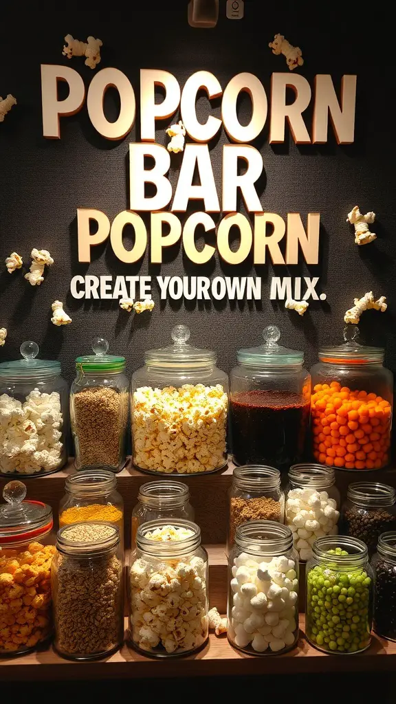 A colorful gourmet popcorn bar with jars of different popcorn varieties and toppings, inviting guests to create their own mix.