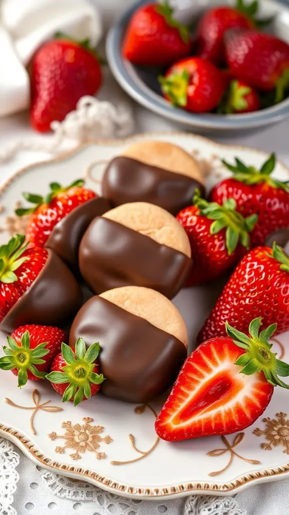 Chocolate dipped strawberry cookies on a decorative plate with fresh strawberries