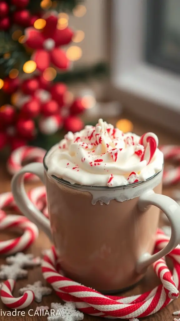 A mug of peppermint hot chocolate topped with whipped cream and crushed peppermint, surrounded by candy canes and festive decorations.