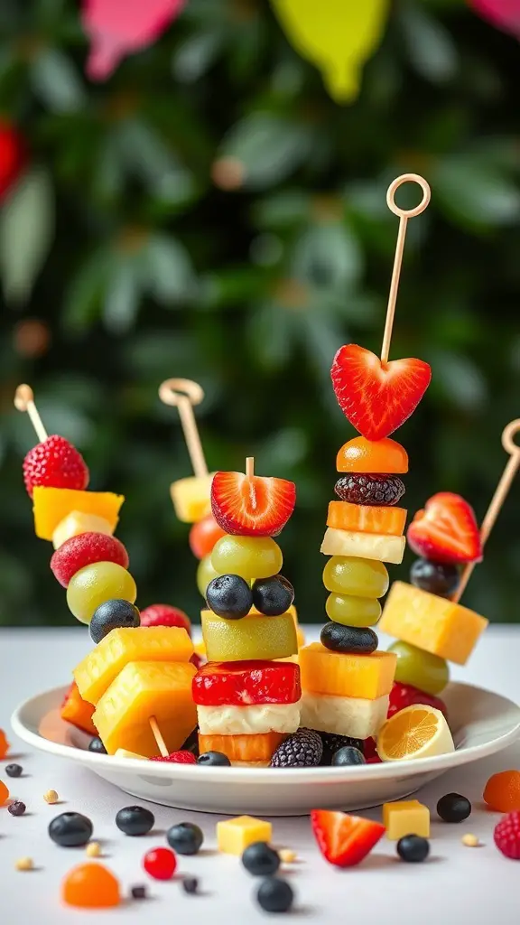 Colorful fruit skewers with strawberries, blueberries, and melon on a plate