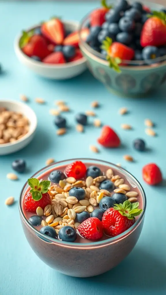 Berry smoothie bowl topped with strawberries, blueberries, and nuts on a blue background.