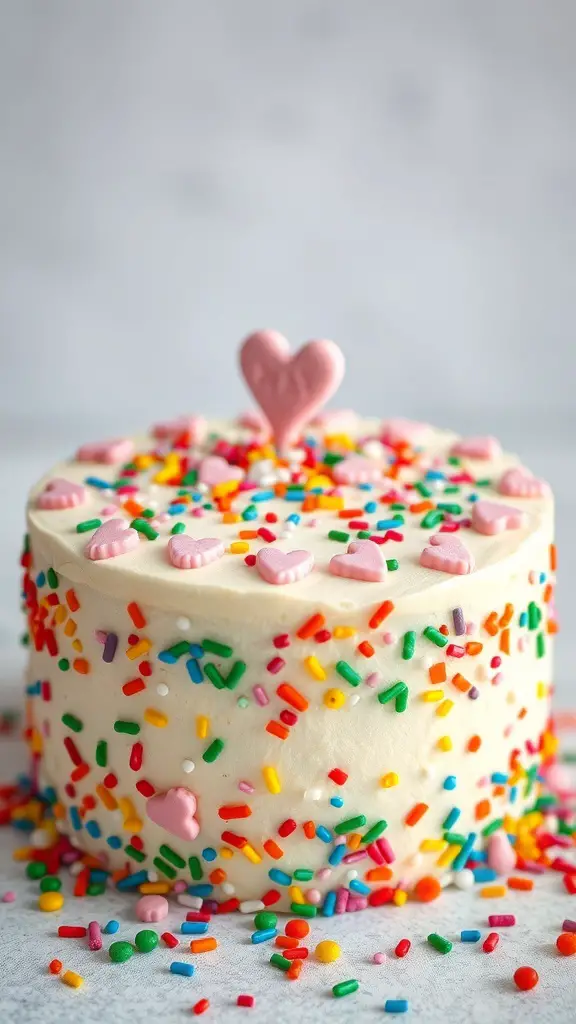 A colorful Funfetti Love Cake decorated with sprinkles and heart-shaped candies.
