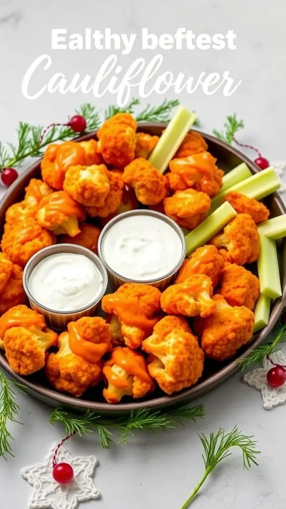 A plate of spicy buffalo cauliflower bites with celery sticks and dipping sauces.