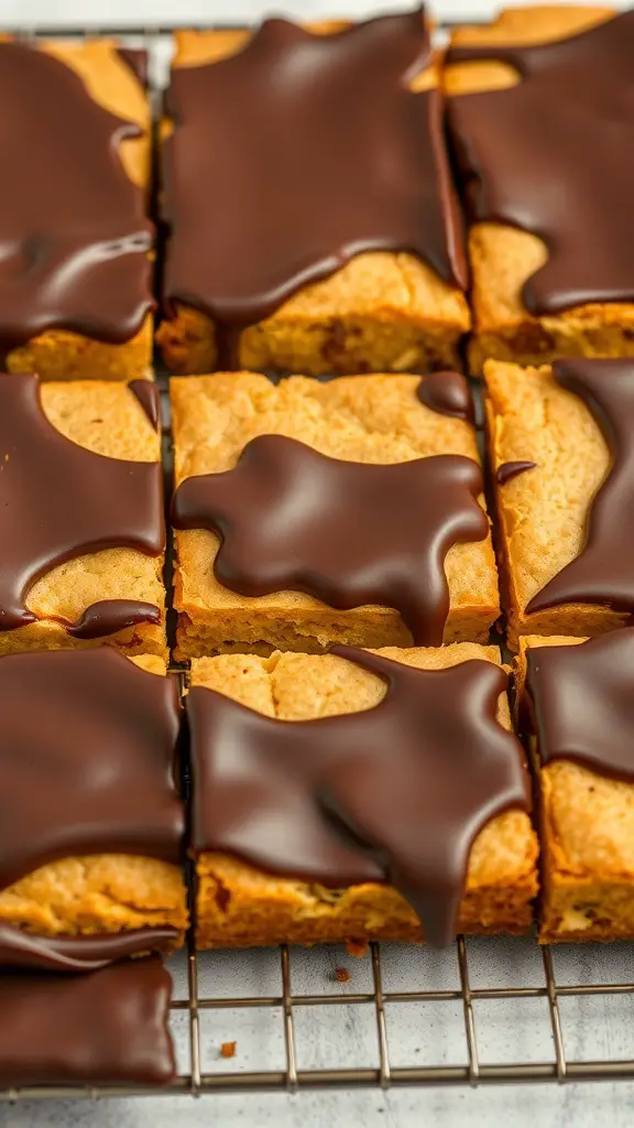 Delicious yellow cake mix brownies topped with chocolate glaze, cut into squares.