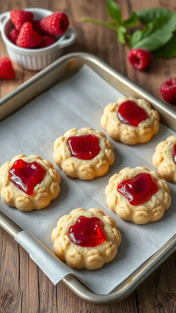 A tray of raspberry almond thumbprint cookies with raspberry jam in the center and fresh raspberries in a bowl.