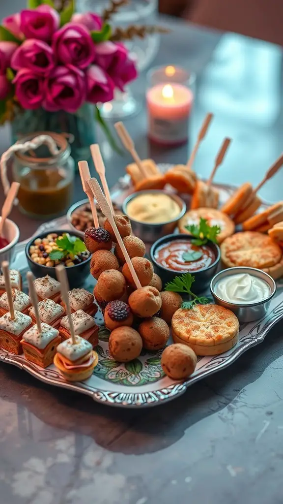 A beautifully arranged platter of appetizers featuring skewers, dips, and mini desserts.
