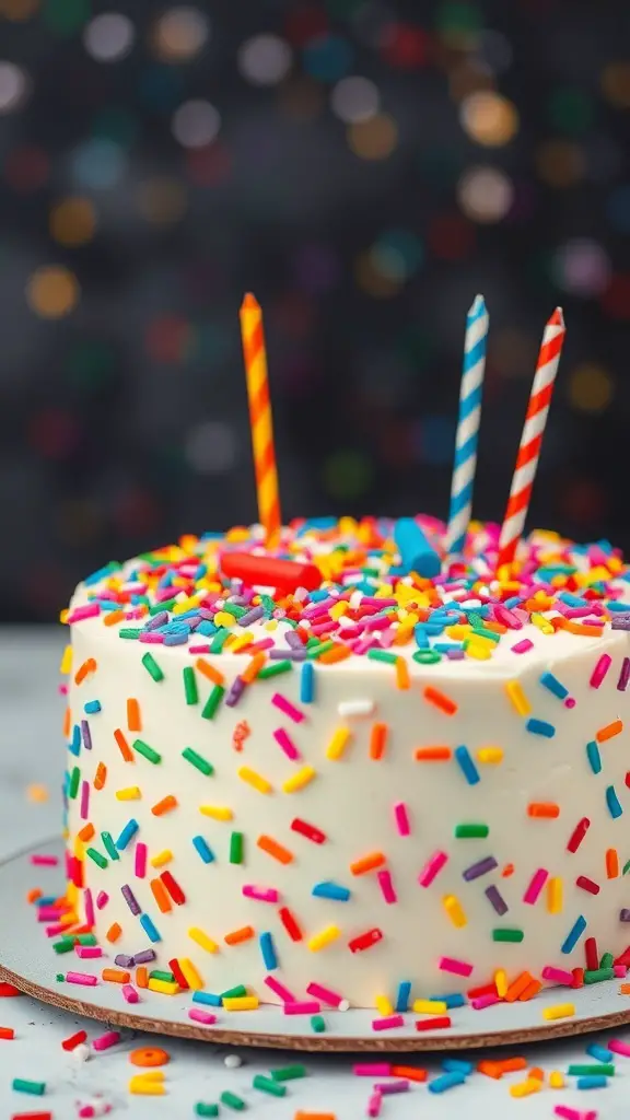 A colorful New Year's Eve Confetti Cake with sprinkles and candles on top.