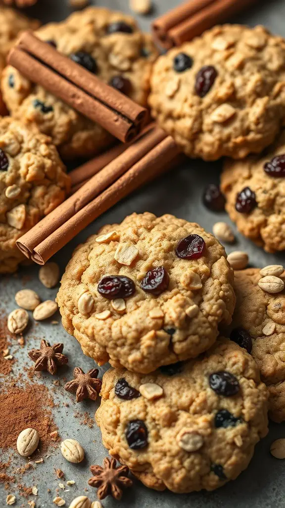 A close-up of spiced oatmeal raisin cookies with cinnamon sticks and star anise.