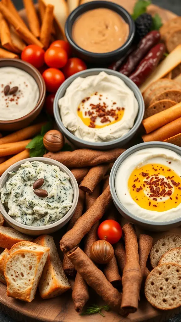 A variety of dips and spreads on a charcuterie board, including creamy dips, breadsticks, and cherry tomatoes.