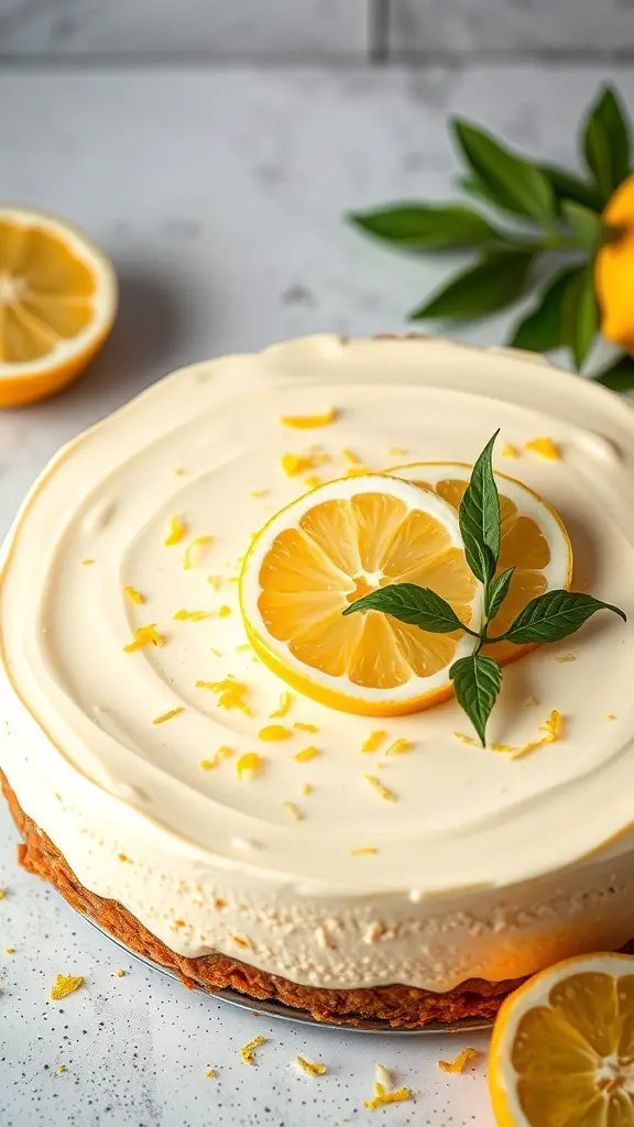 A delicious lemon zest cheesecake topped with lemon slices and zest, showcasing a creamy filling.