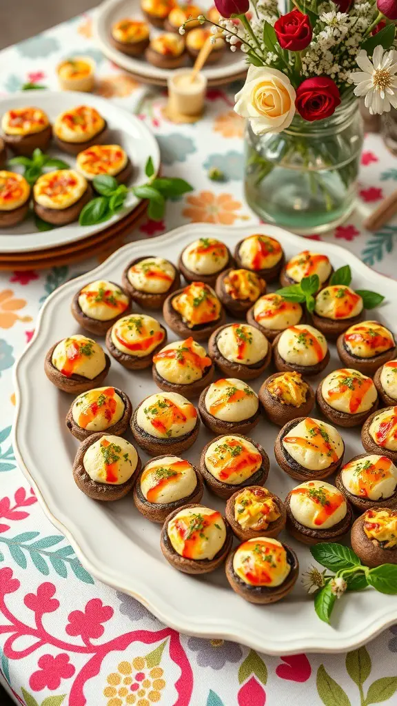 A platter of stuffed mushrooms topped with creamy filling and colorful sauce, surrounded by flowers on a festive table.