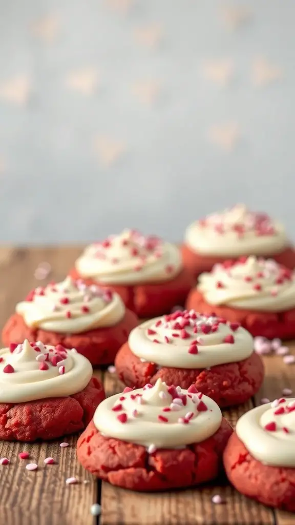 A plate of red velvet sugar cookies topped with cream cheese frosting and heart-shaped sprinkles.