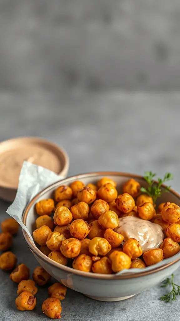 A bowl of crispy chickpeas with a creamy dip, garnished with herbs.