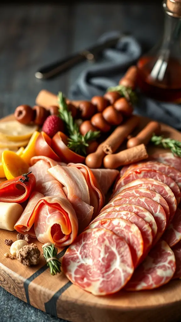A beautifully arranged charcuterie board featuring various savory meats, garnished with herbs and accompanied by fruits and nuts.