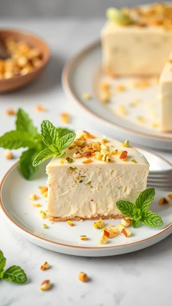 A slice of pistachio semifreddo on a plate, garnished with mint leaves and chopped pistachios.