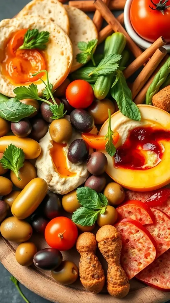 A colorful Mediterranean charcuterie board featuring olives, cherry tomatoes, hummus, cured meats, and fresh herbs.