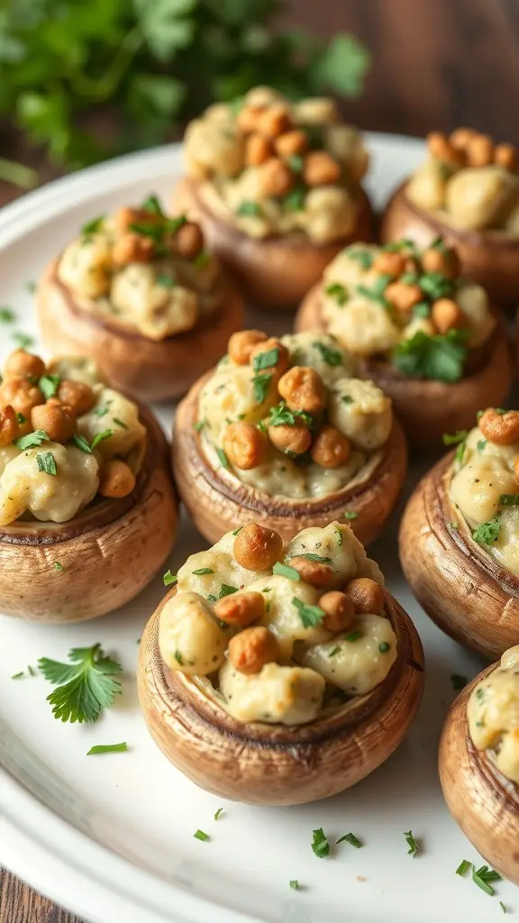 A plate of stuffed mushrooms topped with chickpeas and herbs.